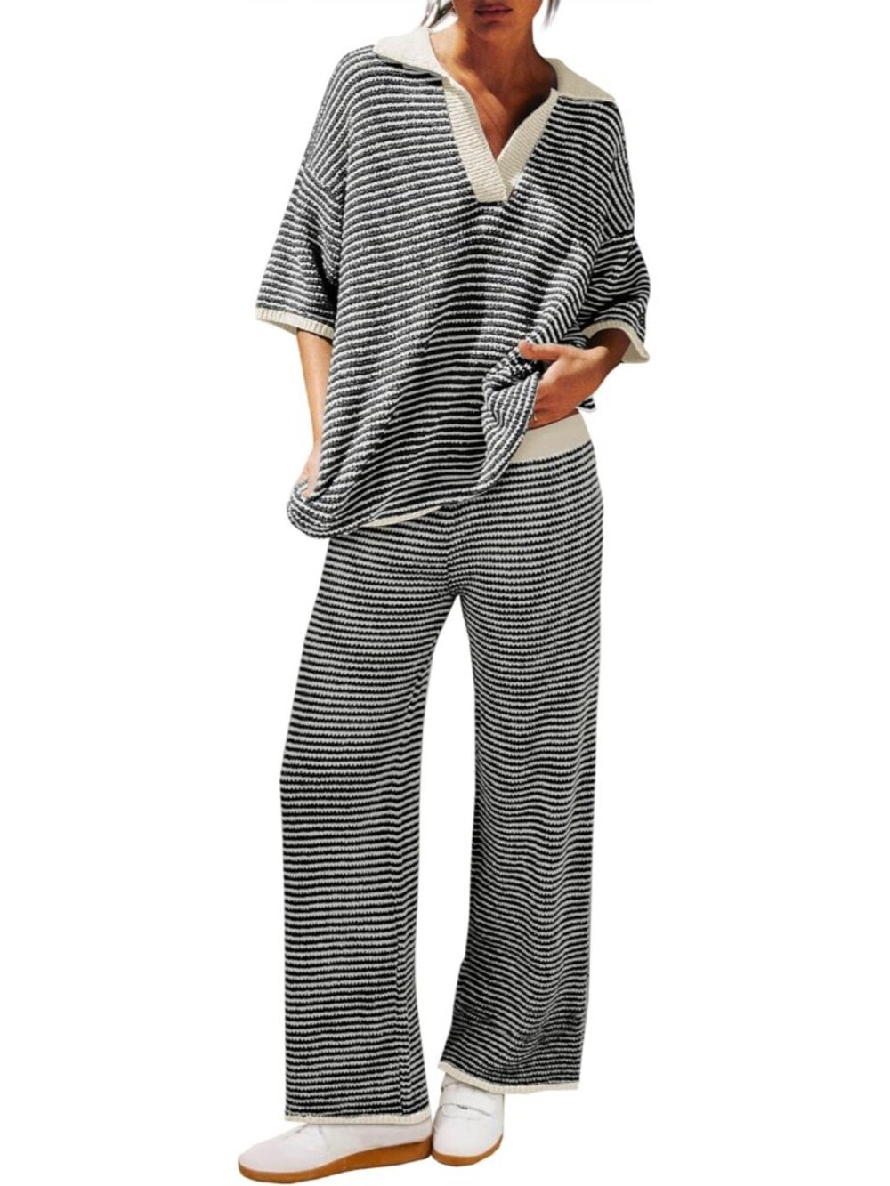Womens Sweater Set Striped 2 Piece Outfits Oversized 3/4 Sleeve V Neck Knit Tops